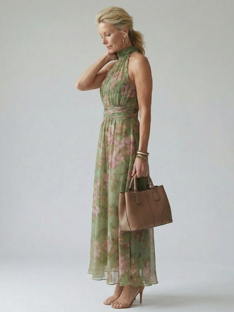 Vestido midi Mirelle com decote halter e franzido