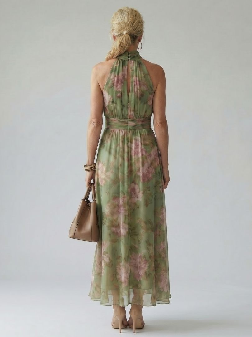 Vestido midi Mirelle com decote halter e franzido