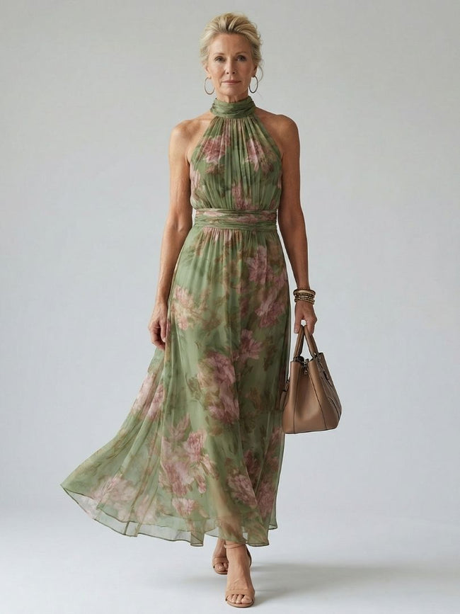 Vestido midi Mirelle com decote halter e franzido