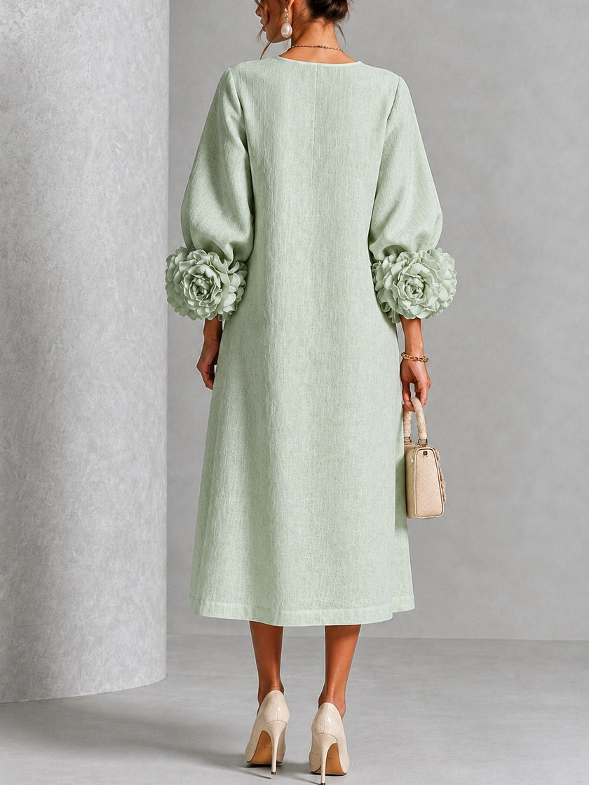 Alana — Vestido Midi com Decote Redondo e Punhos Florais