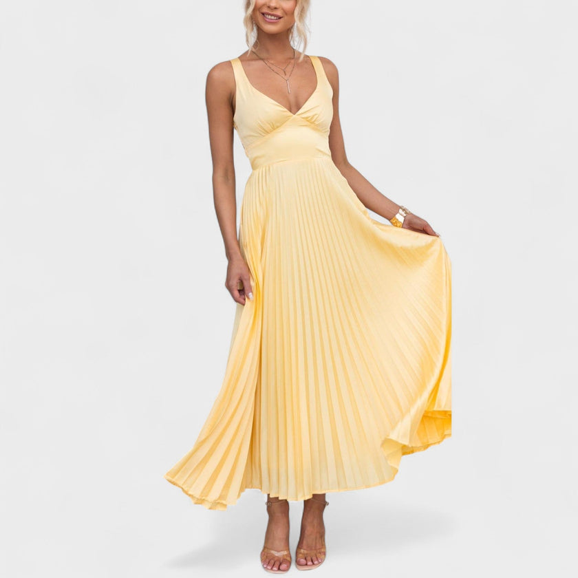 Vestido maxi amarelo plissado feminino