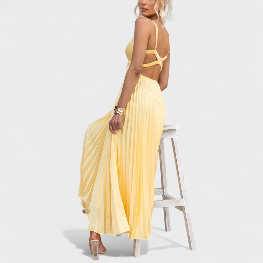 Vestido maxi amarelo plissado feminino