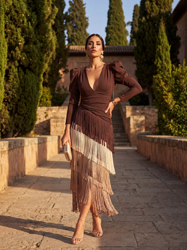 Carolina | Vestido Midi com Franjas em Camadas