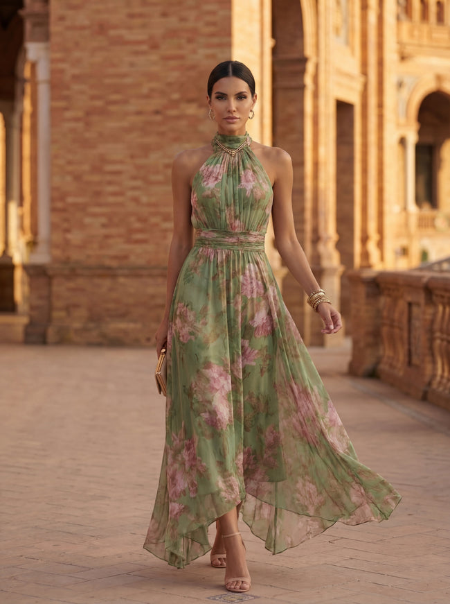 Leonor | Vestido Maxi Halter com Estampado Floral