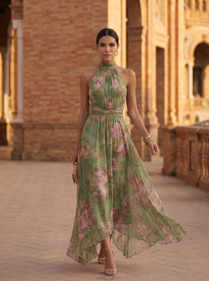 Leonor | Vestido Maxi Halter com Estampado Floral