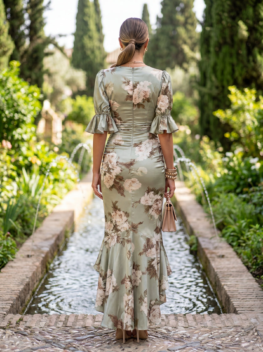 Soraia | Vestido Midi Floral com Saia Assimétrica
