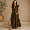 Viera – Vestido Maxi Fluido com Decote de Folhos