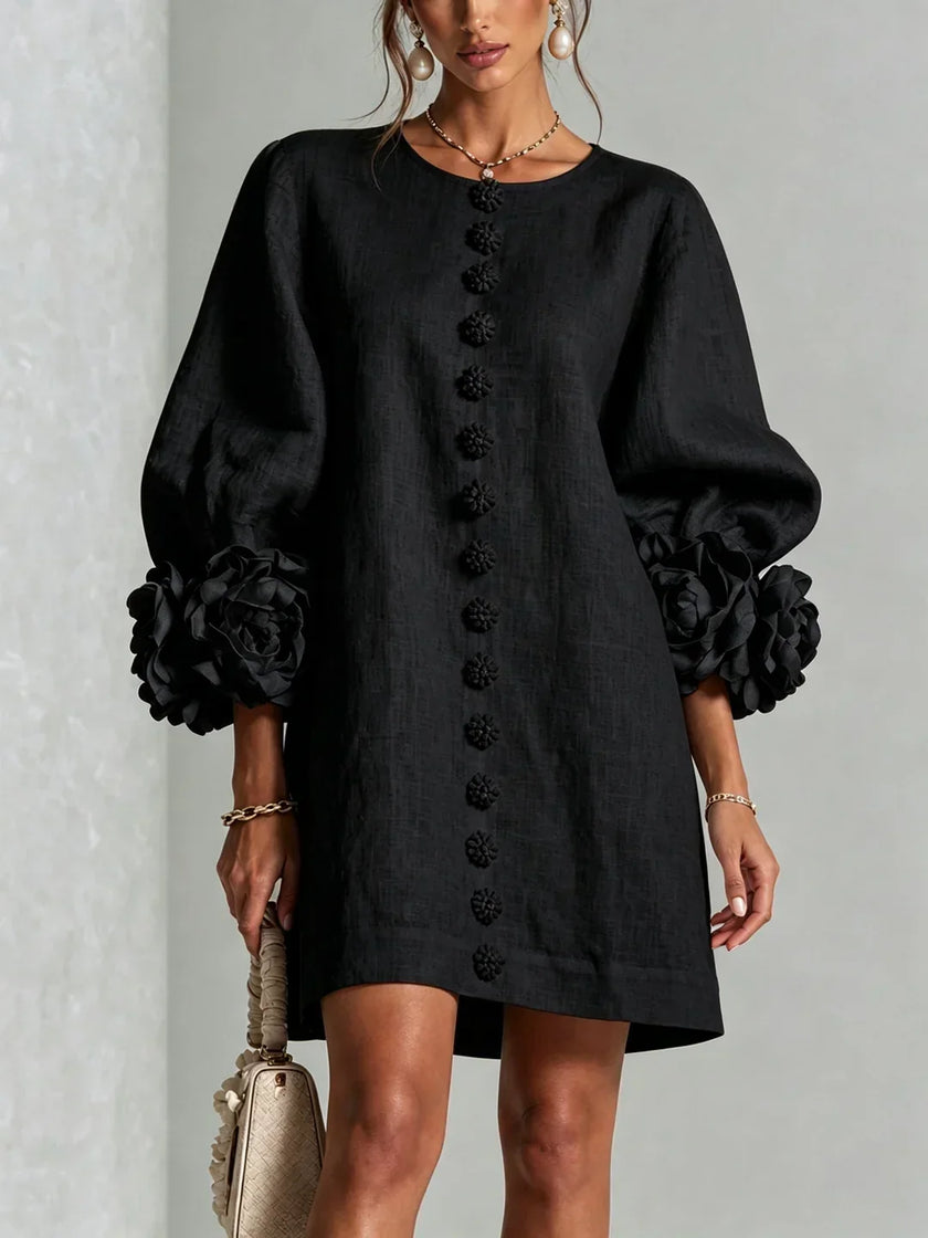 Adriana — Vestido Curto com Botões e Punhos Florais