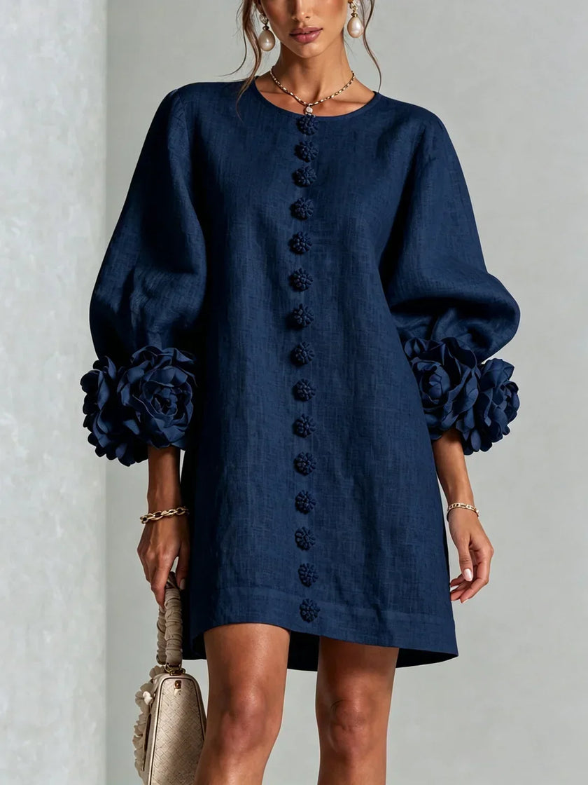Adriana — Vestido Curto com Botões e Punhos Florais