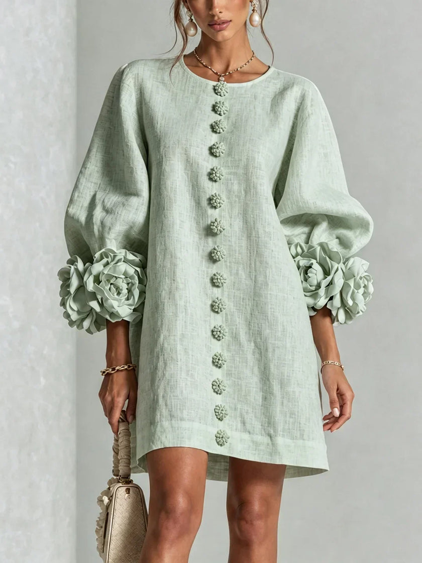 Adriana — Vestido Curto com Botões e Punhos Florais
