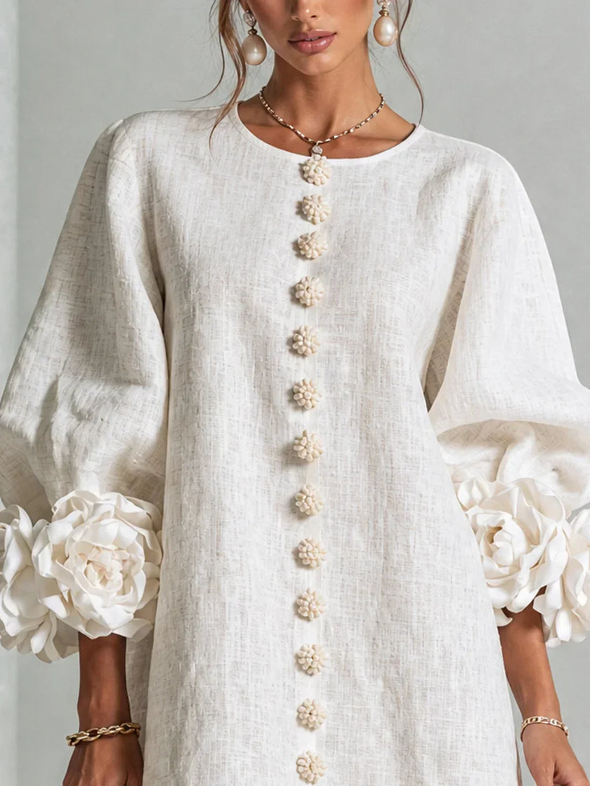 Adriana — Vestido Curto com Botões e Punhos Florais