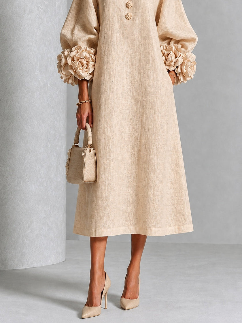 Aline — Vestido Midi com Mangas Bufantes e Botões Florais