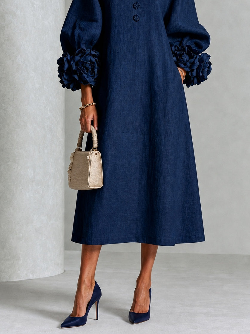 Aurora — Vestido Midi Fluido com Punhos de Rosetas