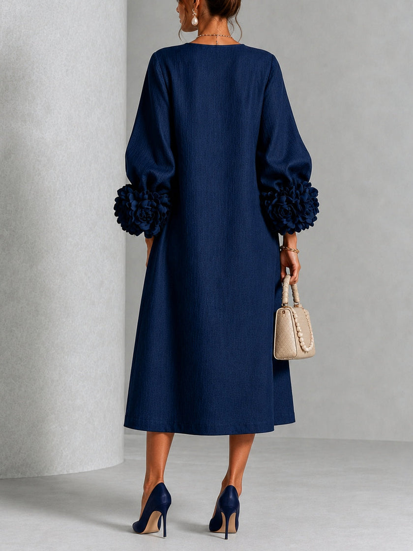 Aurora — Vestido Midi Fluido com Punhos de Rosetas