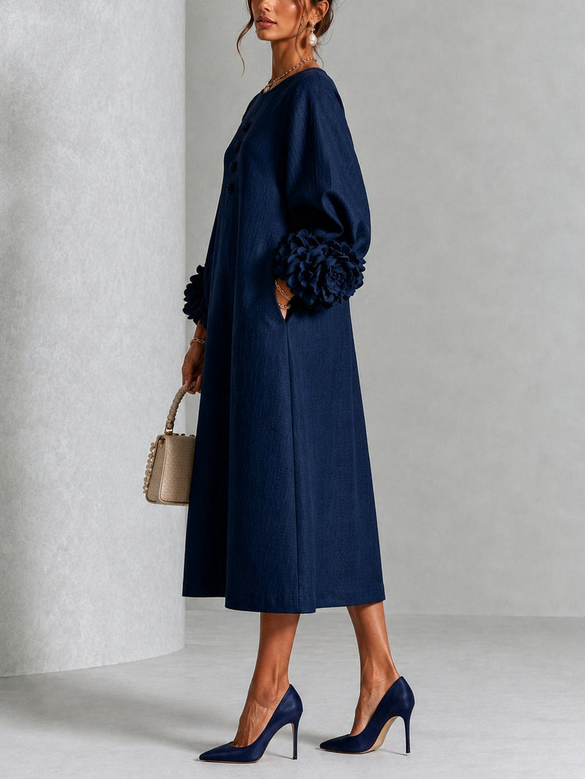 Aurora — Vestido Midi Fluido com Punhos de Rosetas
