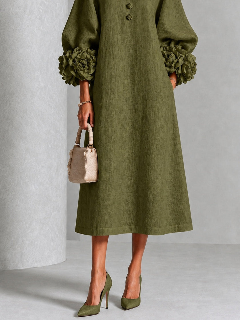Amanda — Vestido Midi Evasé com Flores nos Punhos
