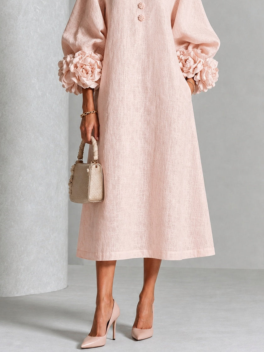 Bárbara — Vestido Midi com Mangas Compridas Bufantes e Flores