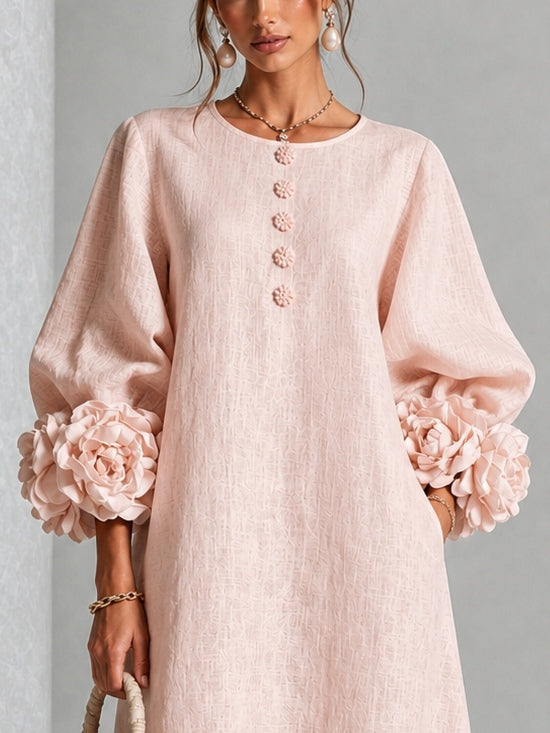 Bárbara — Vestido Midi com Mangas Compridas Bufantes e Flores