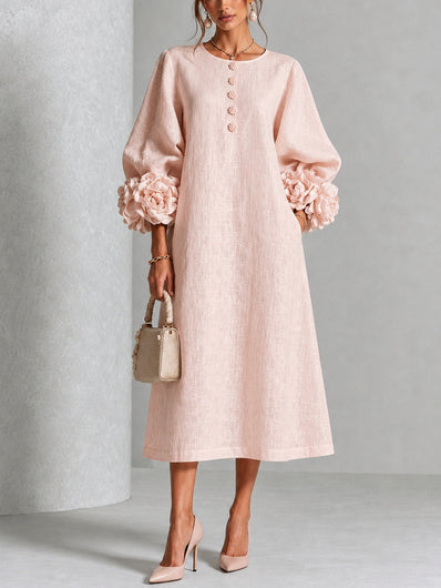 Bárbara — Vestido Midi com Mangas Compridas Bufantes e Flores