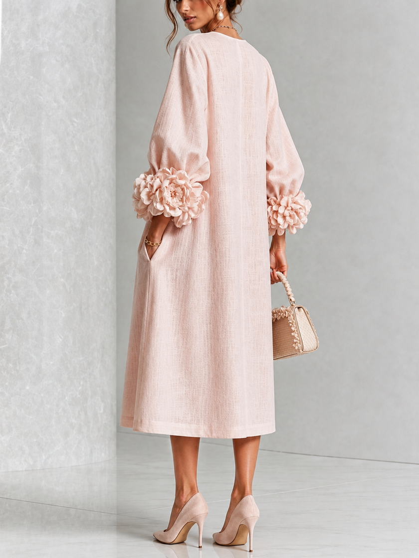 Bárbara — Vestido Midi com Mangas Compridas Bufantes e Flores