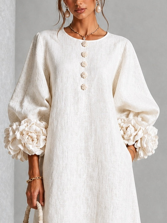 Beatriz — Vestido Midi Texturizado com Punhos Florais