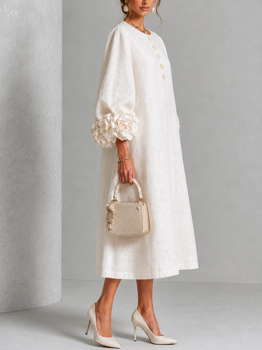 Beatriz — Vestido Midi Texturizado com Punhos Florais