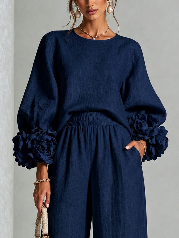 Antonela — Conjunto de Blusa com Punhos Florais e Calças Pantalona