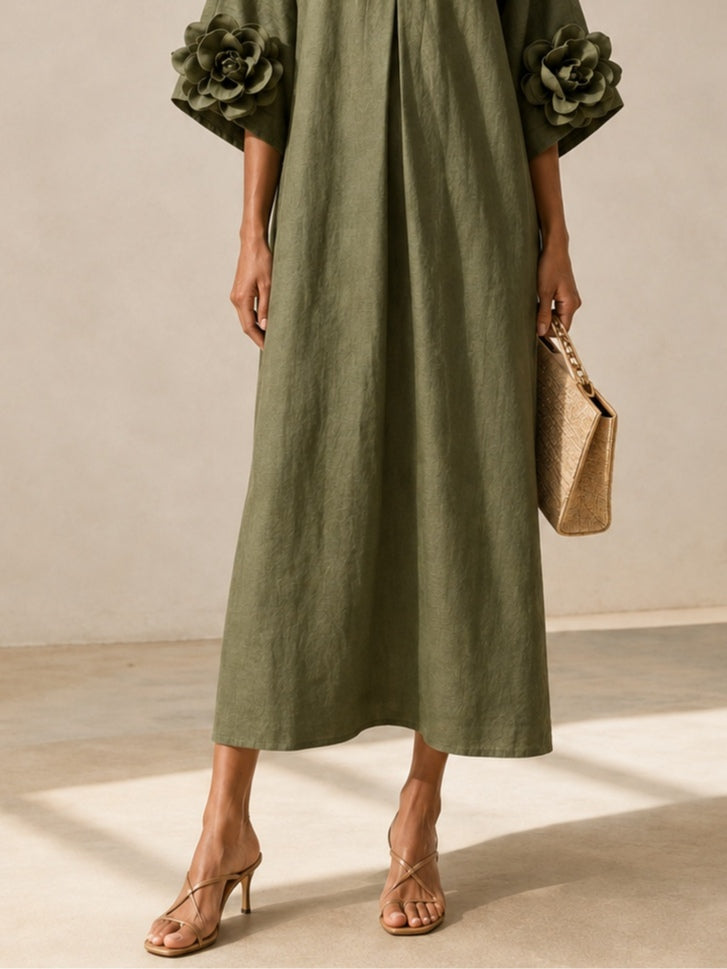 Alessandra — Vestido Midi com Decote em V e Flores nas Mangas