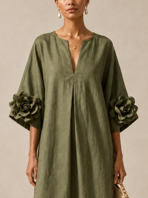 Alessandra — Vestido Midi com Decote em V e Flores nas Mangas