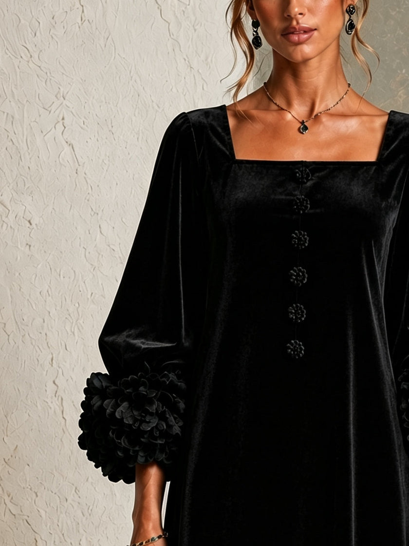 Celina — Vestido Curto com Decote Quadrado e Punhos com Folhos