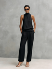 Conjunto Feminino Elegante de Top Sem Mangas e Calças em Algodão e Linho Preto