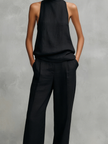 Conjunto Feminino Elegante de Top Sem Mangas e Calças em Algodão e Linho Preto