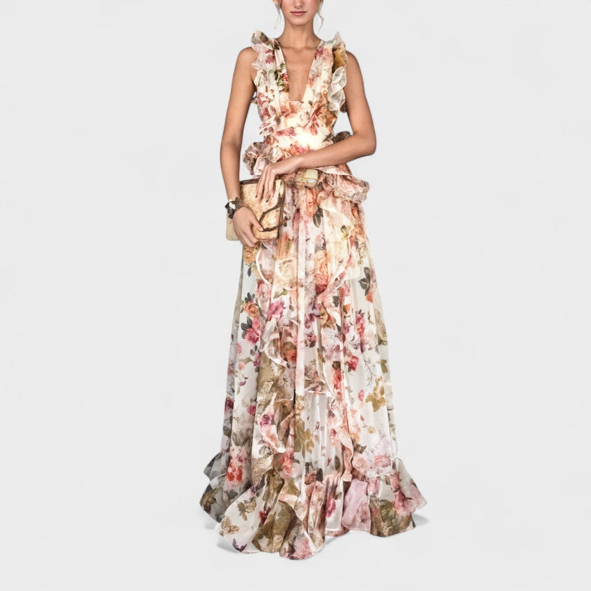 Vestido comprido com folhos feminino