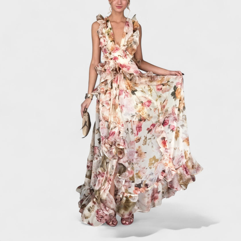 Vestido comprido com folhos feminino