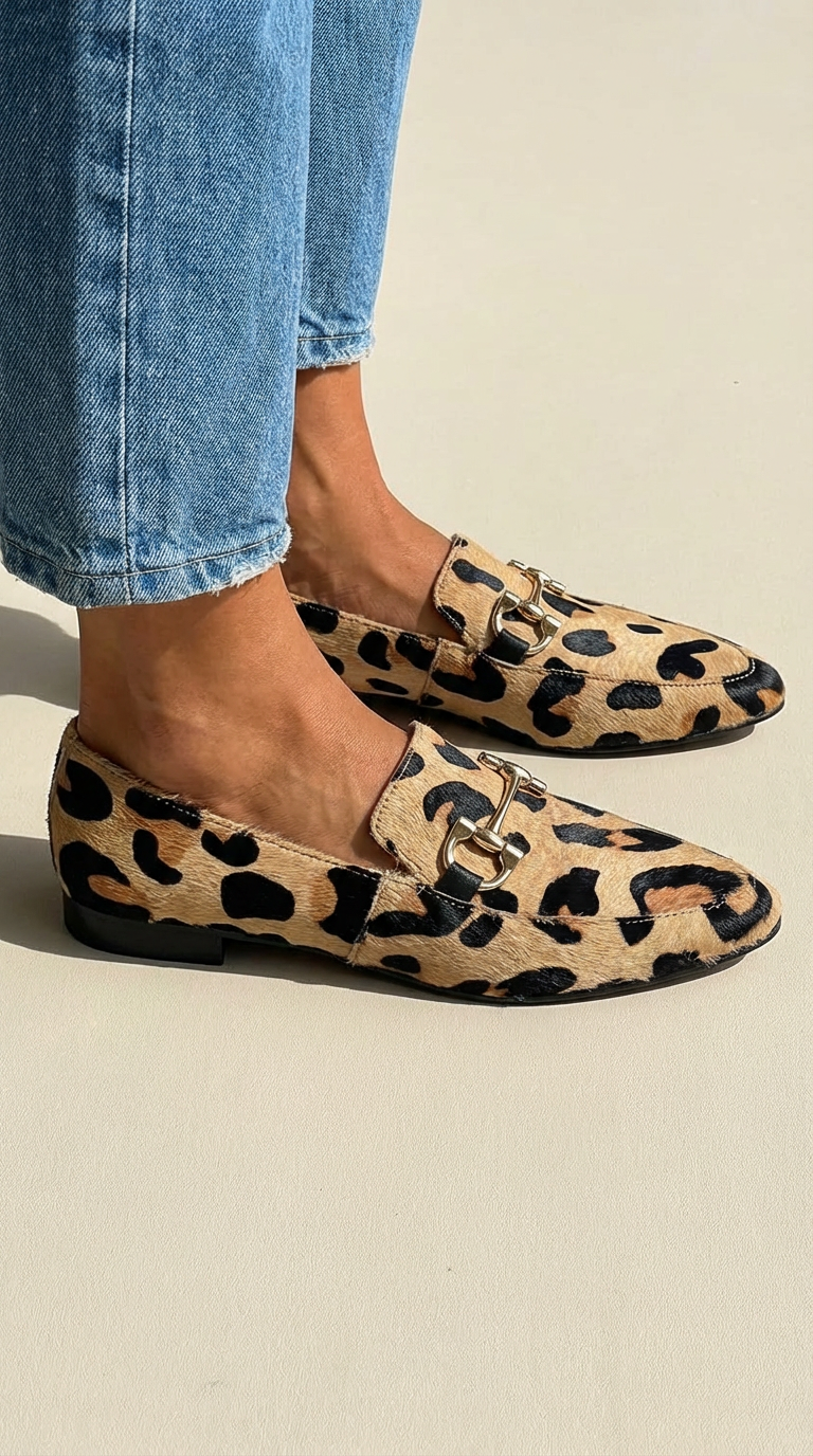 Eloise - Mocassim de Leopardo com Bridão e Salto Baixo