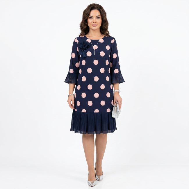 Clara | Vestido Azul Marinho às Bolinhas com Detalhe de Folhos