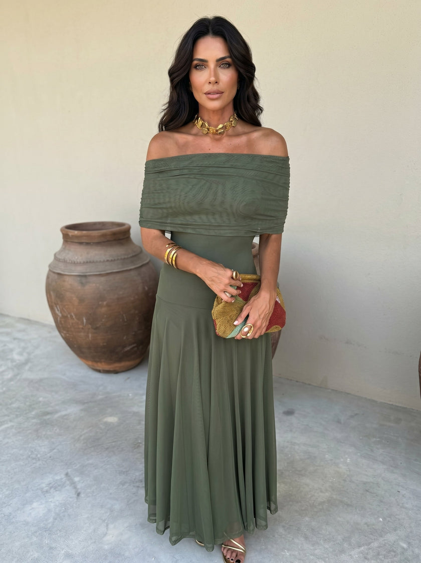 Inês | Vestido Maxi de Ombro Descoberto