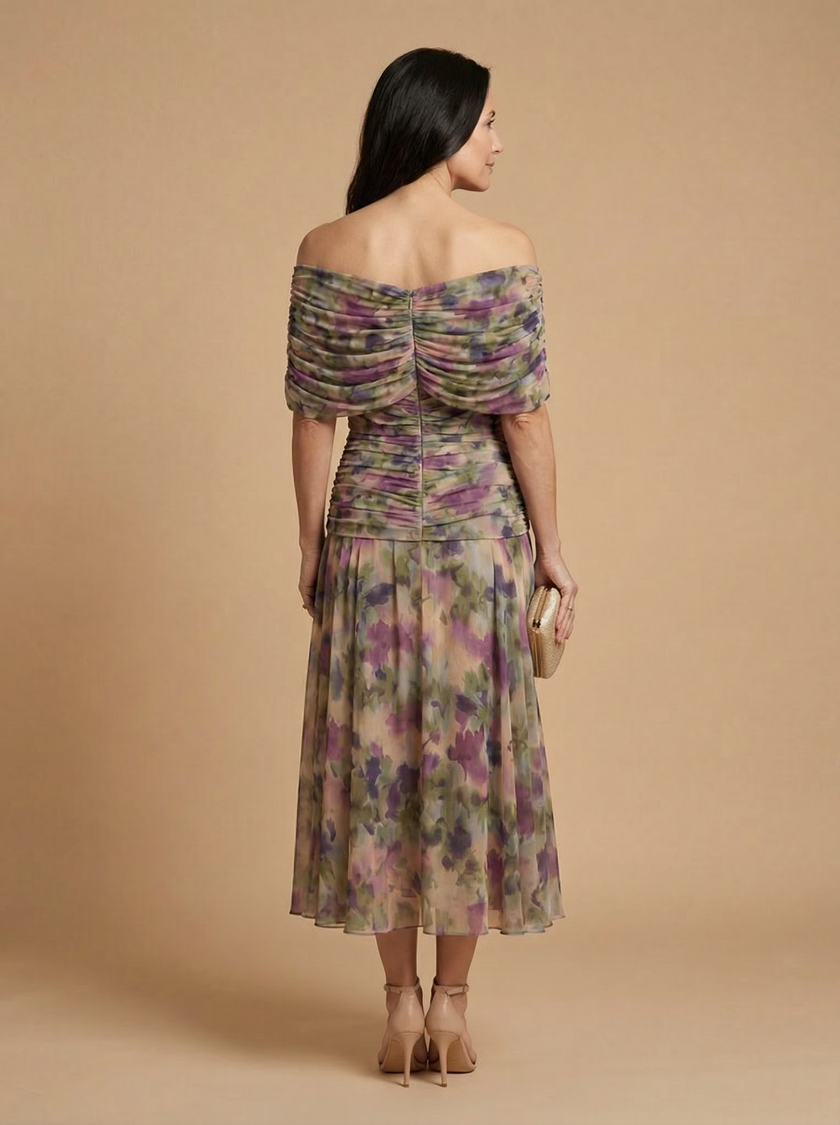 Camila | Vestido Midi Floral de Ombros Descobertos