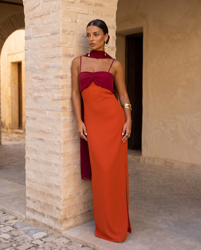 Vestido longo Amélia contraste sofisticado