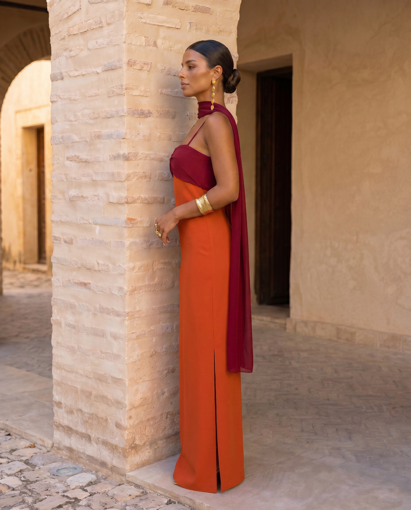 Vestido longo Amélia contraste sofisticado