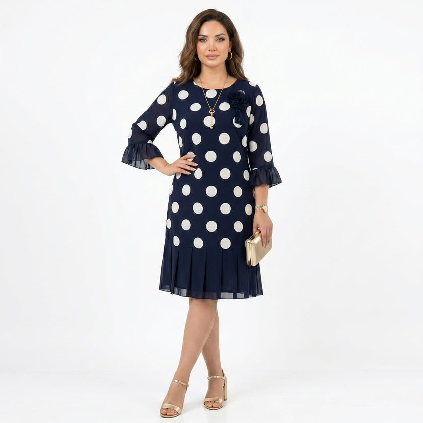 Clara | Vestido Azul Marinho às Bolinhas com Detalhe de Folhos