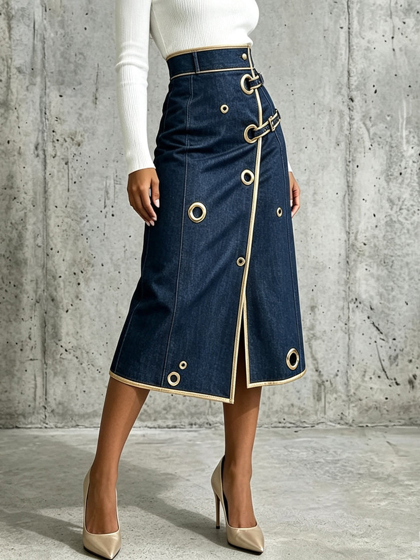 Valentina | Saia Midi de Ganga Denim com Detalhes Dourados