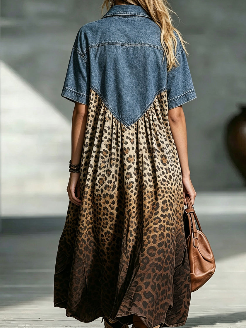 Amora | Vestido maxi animal print com efeito denim