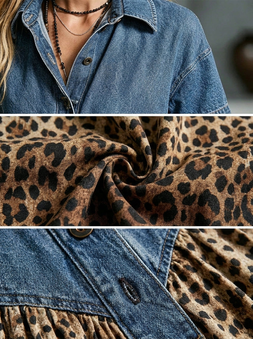 Amora | Vestido maxi animal print com efeito denim
