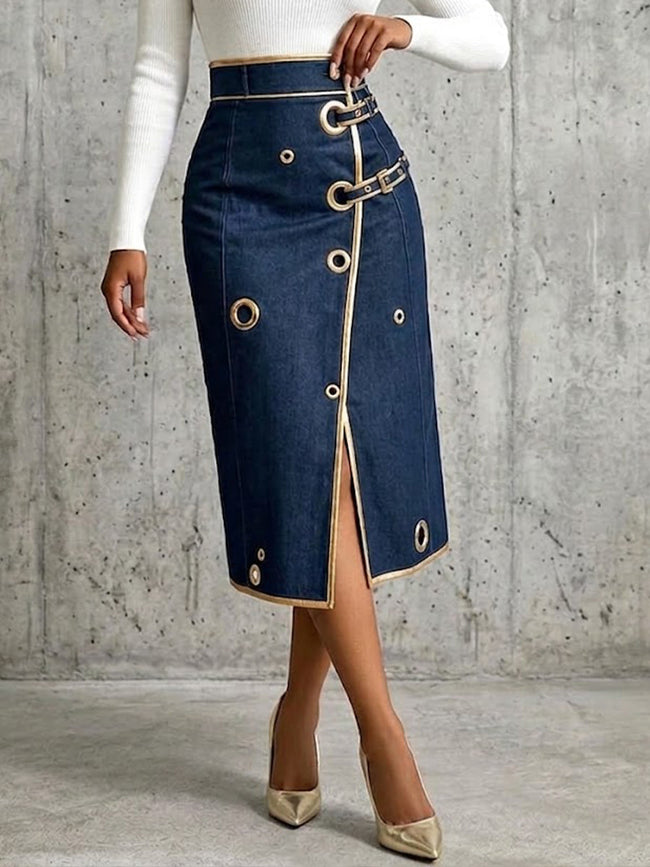 Valentina | Saia Midi de Ganga Denim com Detalhes Dourados