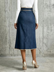 Valentina | Saia Midi de Ganga Denim com Detalhes Dourados