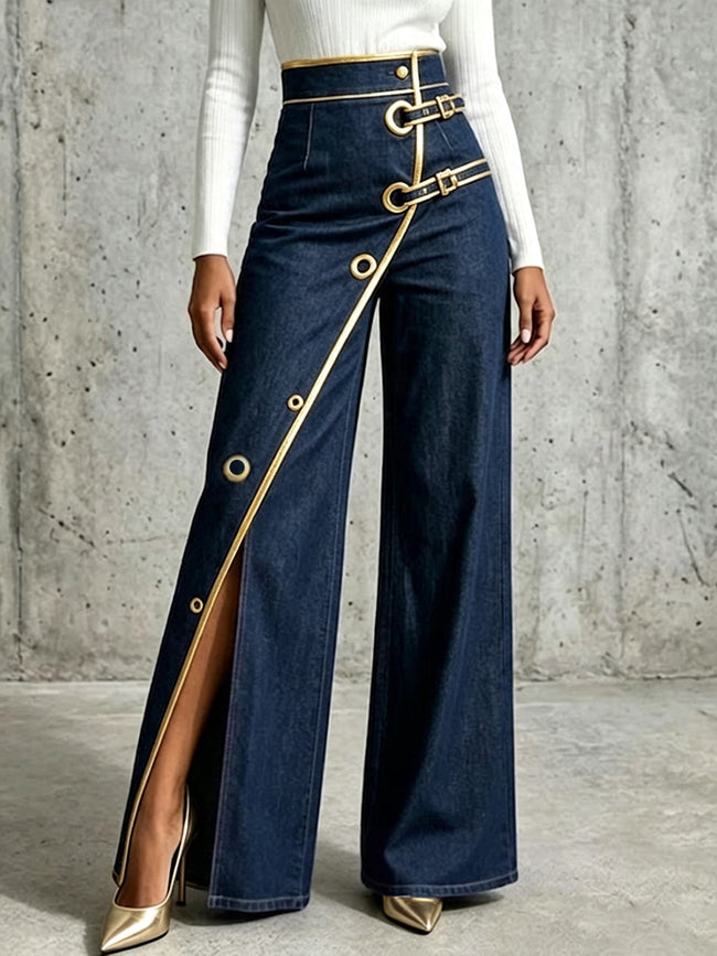Mónica | Calças de Ganga Denim com Detalhes Dourados