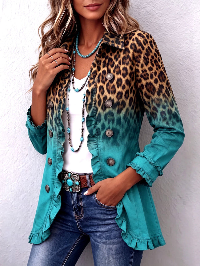Elisa | Blazer leopardo turquesa com folhos